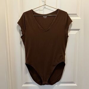 Chocolate Brown Short Sleeve V-Neck Bodysuit | XL